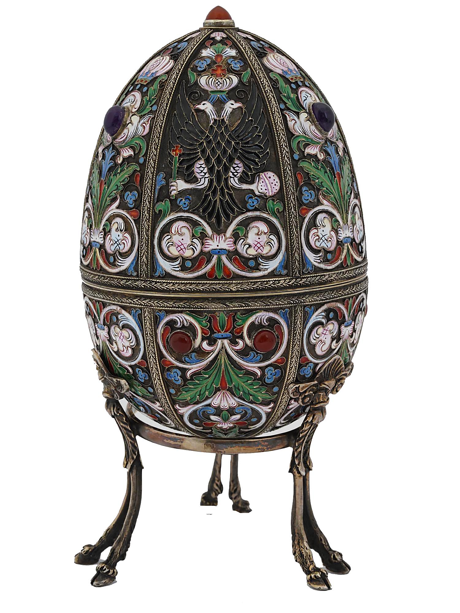 RUSSIAN SILVER ENAMEL EASTER EGG BOX W. GEMSTONES PIC-3